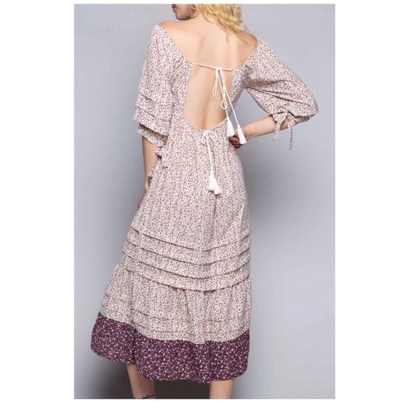 BOHO Cream Floral Printed Open Back Maxi Dress - Picture 13 of 15